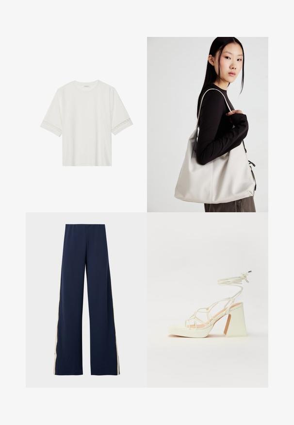 Bílé tričko s krátkým rukávem vyrobené z bavlny, s dekorativní krajkovou aplikací na rukávech a kulatým výstřihem.; Námořnické kalhoty s širokými nohavicemi vyrobené z měkké tkaniny, s béžovým postranním pruhem. Pas je elastický pro pohodlí a snadné nošení.; Bílé sandály na vysokém podpatku s robustním podpatkem, s designem s pásky a zavazováním kolem kotníku. Hladký povrch s platformou vpředu pro zvýšení výšky.; Beige kabelka vyrobená z měkkého materiálu, s volným designem, prošívanými detaily a dvěma ramenními popruhy. Vhodná pro každodenní použití.