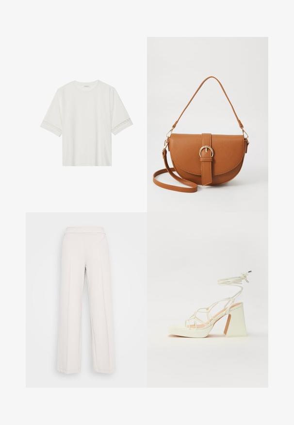 Bjela majica kratkih rukava od pamuka, s dekorativnom čipkastom obrubom duž rukava i okruglim izrezom.; Svijetlosmeđi široki hlače od mekanog materijala, s glatkim pojasom i vidljivim šavovima duž prednje strane.; Bijela sandala na visokoj potpetici s debelim petom, s remenom i vezanjem oko gležnja. Glatka tekstura s platformom sprijeda za dodatnu visinu.; Smeđa kožna torba preko tijela s zakrivljenim oblikom, zlatnim metalnim detaljima i naglaskom na kopču. Ima odvojivu naramenicu.
