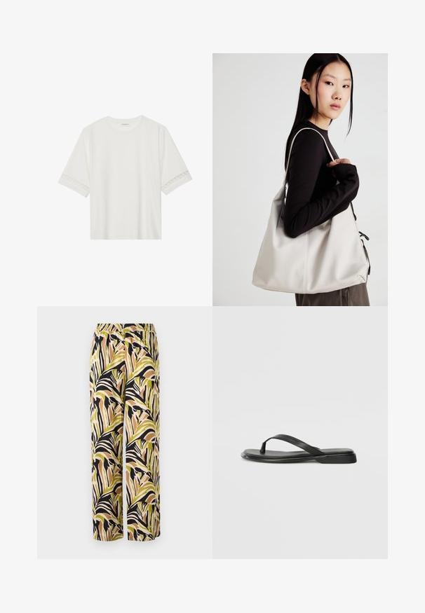 T-shirt blanc à manches courtes en coton, avec des bordures en dentelle décoratives le long des manches et un col rond.; Pantalons à jambes larges avec un motif de feuilles tropicales en vert, noir et marron, fabriqués à partir d'un tissu léger avec une taille élastique.; Tongs noires en cuir lisse, avec un design de sangle fine et une semelle plate à profil minimal. Aucun motif ou accent notables.; Sac à main beige en matériau souple, avec un design décontracté, des détails cousus et deux poignées. Idéal pour un usage quotidien.