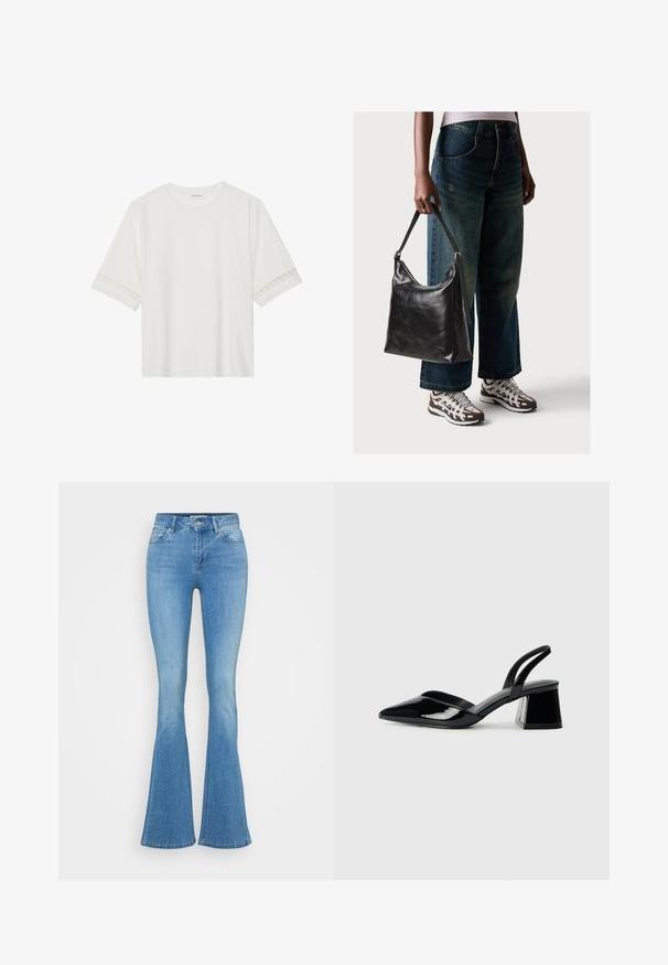 T-shirt branco de manga curta feito de algodão, com bainha de renda decorativa nas mangas e decote redondo.; Calças flared de denim em azul claro, com discretos embellishments em strass, design de cinco bolsos e fecho de botão na cintura.; Sandy em verniz preto com salto slingback, ponta afilada e salto geométrico. Apresenta um design elegante e minimalista com textura suave.; Bolsa de ombro em couro preto com textura suave e alça ajustável, combinada com jeans de perna larga desbotados e ténis desportivos.