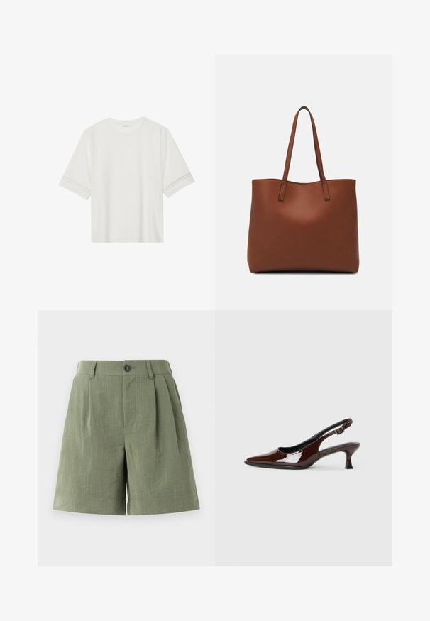 T-shirt bianco a maniche corte in cotone, con bordi in pizzo decorativi lungo le maniche e scollo rotondo.; Shorts plissettati verdi realizzati in tessuto testurizzato. Presentano una chiusura con bottone e un orlo dritto, con un taglio sartoriale.; Scarpa slingback in pelle verniciata marrone con punta affusolata e tacco moderato. Presenta una fascia con fibbia per una calzata sicura. Tessuto liscio.; Borsa tote in pelle marrone con texture liscia, design con apertura superiore e due spallacci. Presenta cuciture minime e nessun hardware visibile.