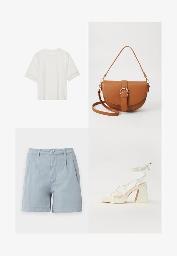 Bílé tričko s krátkým rukávem vyrobené z bavlny, s dekorativní krajkovou aplikací na rukávech a kulatým výstřihem.; Světle modré bavlněné šortky s plochým předním dílem, záhyby a zapínáním na knoflík. Obsahují boční kapsy a lem, který končí v polovině stehna.; Bílé sandály na vysokém podpatku s robustním podpatkem, s designem s pásky a zavazováním kolem kotníku. Hladký povrch s platformou vpředu pro zvýšení výšky.; Hnědá kožená křížová taška s zakřiveným tvarem, zlatými detaily a akcentem s přezkou. Obsahuje odnímatelný popruh na rameno.
