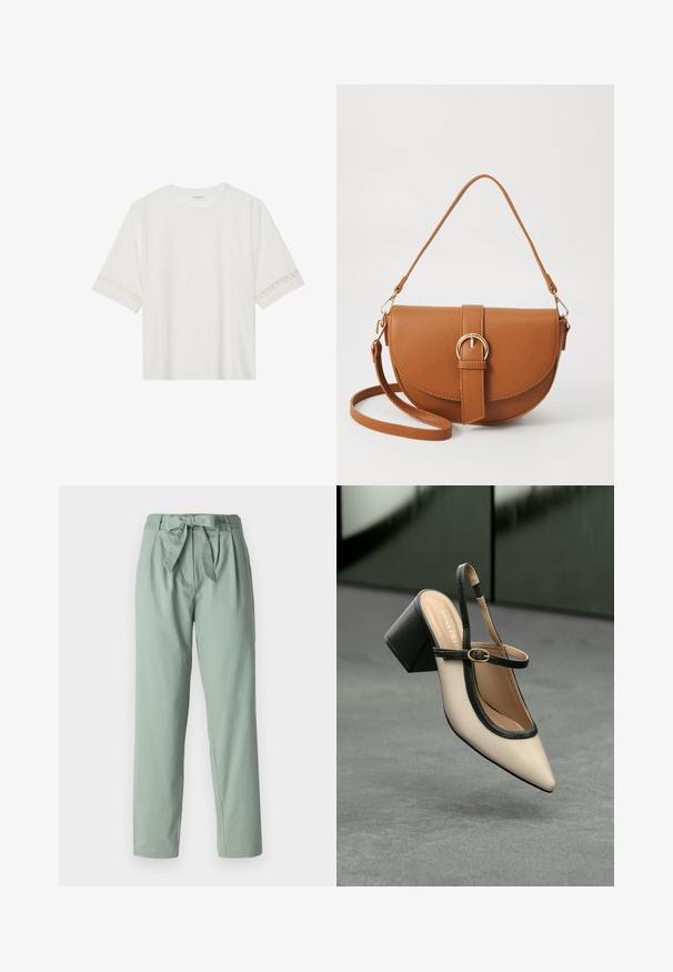 Hvit t-skjorte med kort erme laget av bomull, med dekorativ blondekant langs ermene og en rund halslinning.; Lys grønne bukser med høy midje, frontfolder og knyttet belte i livet. Laget av et glatt, lett stoff. Rett benkutt.; Beige spiss tå slingback sko med svart kant, gullspenne og tykk blokkheel på grått gulv med mørkegrønn bakgrunn.; Brun lærcrossbody-veske med en buet form, gullhardware og et spenneakcent. Har en avtakbar skulderreim.