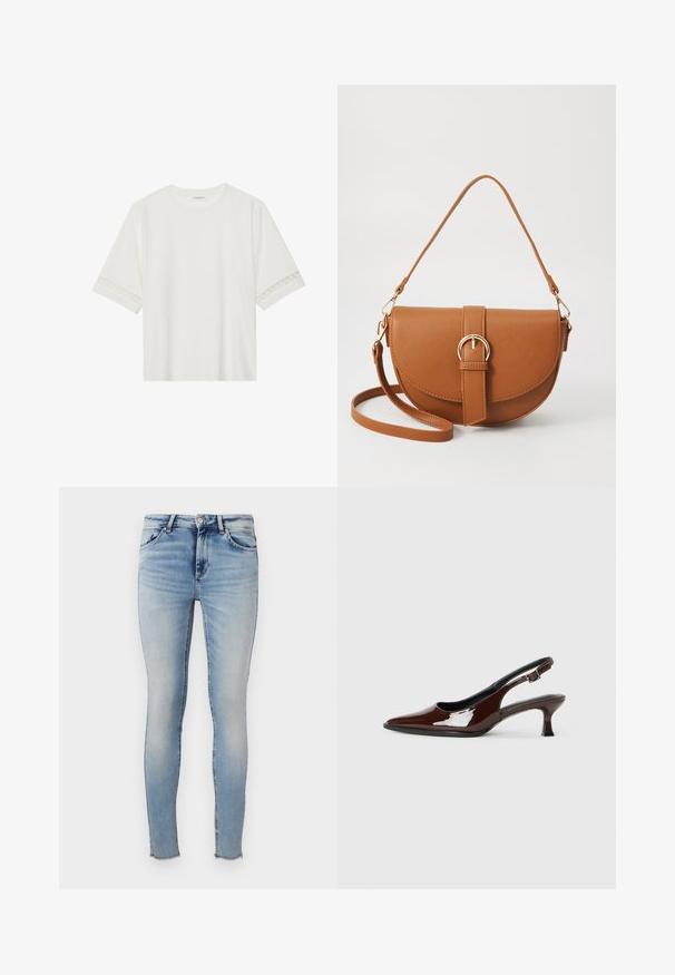 Balta trumpomis rankovėmis marškinėliai, pagaminti iš medvilnės, su dekoratyviais nėriniais aplink rankoves ir apvaliu kaklu.; Šviesiai mėlynos liesos džinsinės kelnės, pagamintos iš džinsinio audinio, turinčios aukštą liemenį, penkis kišenes ir suplėšytus kraštus. Lygus paviršius su išblukusiu efektu.; Rudos lakuoti odiniai slingback batai su smailiu pirštu ir vidutinio aukščio kulnu. Yra sagties dirželis, užtikrinantis tvirtą prigludimą. Lygus paviršius.; Ruda odinė kryžminė rankinė, turinti kreivą formą, auksinius metalinius elementus ir sagtį. Yra nuimama petneša.