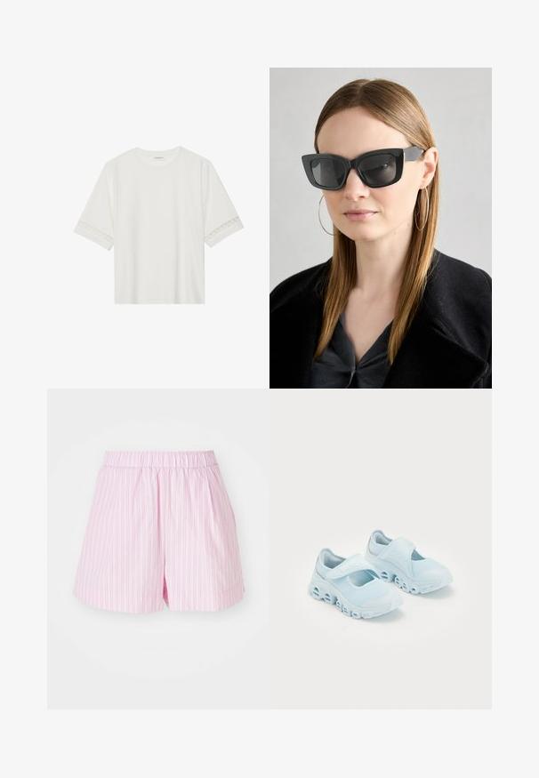 Bela kratka majica s kratkimi rokavi iz bombaža, okrašena z dekorativnim čipkastim robom ob rokavih in okroglo izrezom.; Svetlo roza kratke hlače z belimi vertikalnimi črtami, ki imajo elastičen pas in ohlapen kroj, narejene iz mehkega, lahkega blaga.; Svetlo modri športni copati z mrežasto tkanino, izrazitimi izrezi v podplatu in Velcro trakom čez vrh za varen oprijem.; Črne mačje očala s temnimi lečami, debelimi okvirji in subtilnimi detajli. Oblečena z črnim plaščem in sivim zgornjim delom, z dolgimi ravnimi lasmi.