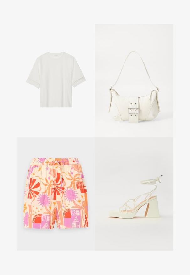 Bílé tričko s krátkým rukávem vyrobené z bavlny, s dekorativní krajkovou aplikací na rukávech a kulatým výstřihem.; Lehké šortky z textilu s krémovým podkladem, které mají výrazné vzory v oranžové, růžové a fialové barvě, s elastickým pasem a šňůrkou.; Bílé sandály na vysokém podpatku s robustním podpatkem, s designem s pásky a zavazováním kolem kotníku. Hladký povrch s platformou vpředu pro zvýšení výšky.; Bílá kabelka na rameno s texturovaným povrchem, centrálním akcentem v podobě spony a zakřiveným tvarem. Zipové uzávěry na obou stranách.