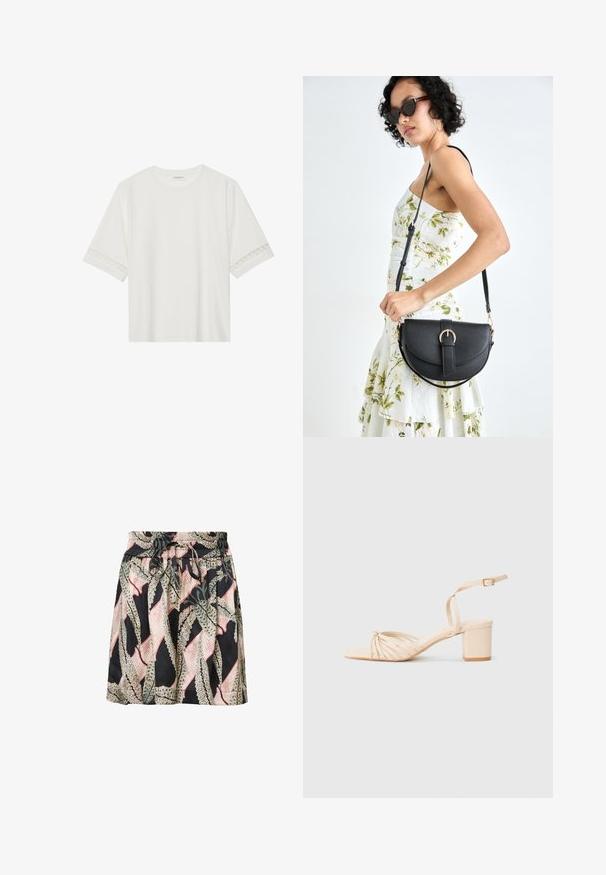 Balta īsām piedurknēm T-kreklu, izgatavotu no kokvilnas, ar dekoratīvu mežģīņu apdari ap piedurknēm un apaļu kakla izgriezumu.; Ziedu printa svārki ar melnu fona, elastīgu jostu, aukliņu detaļu un vieglu, gludu tekstūru.; Bežīgas sandales ar papēdi, ar kvadrātveida purngalu, savītu priekšējo dizainu, potītes siksniņu un blokveida papēdi. Gluda faktūra, minimālisma stils.; Melnas ādas rokassoma ar izliekta formu, noņemamu siksnu un zelta aksesuāriem. Somai ir vāciņš ar sprādzes detaļu.