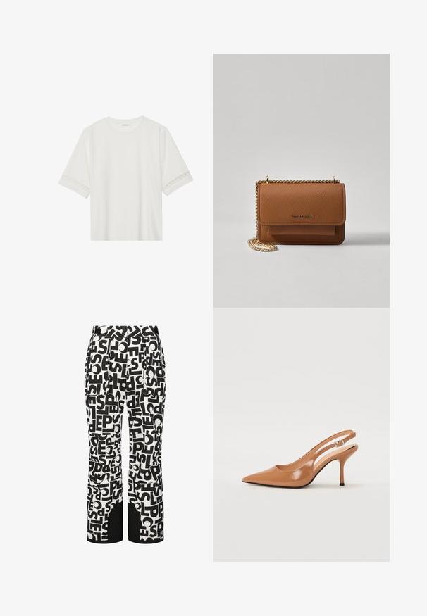 Vit kortärmad t-shirt i bomull, med dekorativa spetsdetaljer längs ärmarna och rund halsringning.; Svartvita mönstrade byxor med stora texter, rak passform och sidofickor med kontrasterande paneler i botten.; Tåspets slingback-häl i ett slätt, glansigt brunt material. Har en kurvad utskärning och en smal stilettklack. Silverdetalj med spänne.; Brun texturerad läder crossbody-väska med guldkedja och klaffstängning. Framsidan har logotypdetalj och en ficka under klaffen.