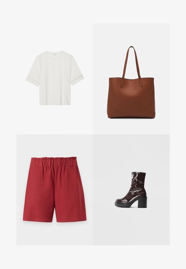 Bela kratka majica s kratkimi rokavi iz bombaža, okrašena z dekorativnim čipkastim robom ob rokavih in okroglo izrezom.; Rde hlače s elastičnim pasom, ki se ponašajo z udobnim krojem in gladkim bombažnim materialom. Robovi so ravni, brez vidnih vzorcev ali dodatkov.; Sijajan škrlatank z bleščečim videzom, z masivnim črnim peto, ki se ponaša z gladko teksturo in preprostim dizajnom. Brez vidnih zapenjal ali vzorcev.; Rjava usnjena torba z gladko teksturo, odprto zasnovo zgoraj in dvema naramnima trakovoma. Opremljena je z minimalnim šivanjem in brez vidnih kovinskih delov.