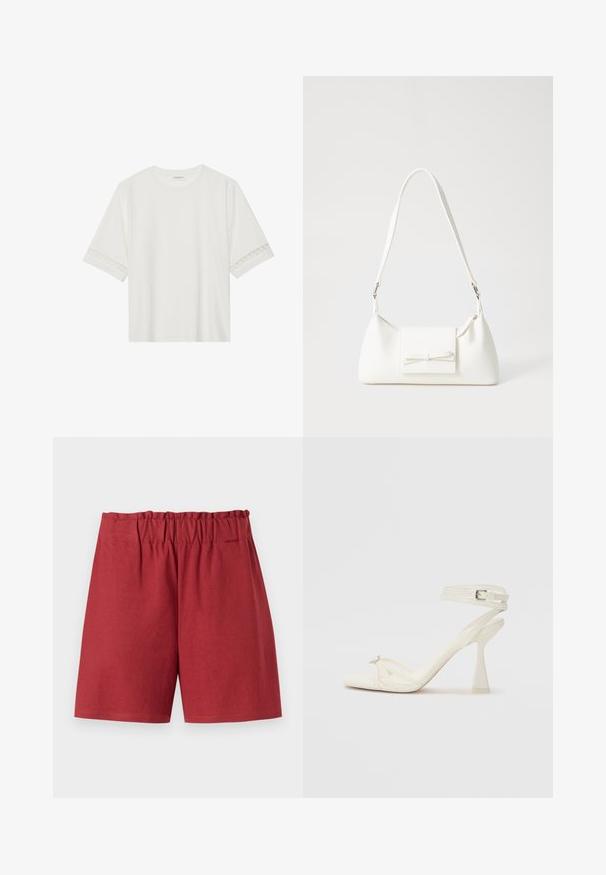 T-shirt blanc à manches courtes en coton, avec des bordures en dentelle décoratives le long des manches et un col rond.; Shorts rouges avec une taille élastique, offrant une coupe décontractée et une texture en coton lisse. Les ourlets sont droits sans motifs ni accents visibles.; Sandale à talons hauts à brides en cuir blanc avec un design épuré, un talon bloc transparent et un élément décoratif au niveau des orteils.; Sac à main synthétique blanc en forme triangulaire, avec un rabat avant plat et un détail en nœud, une bandoulière ajustable, une texture lisse et un design minimaliste.