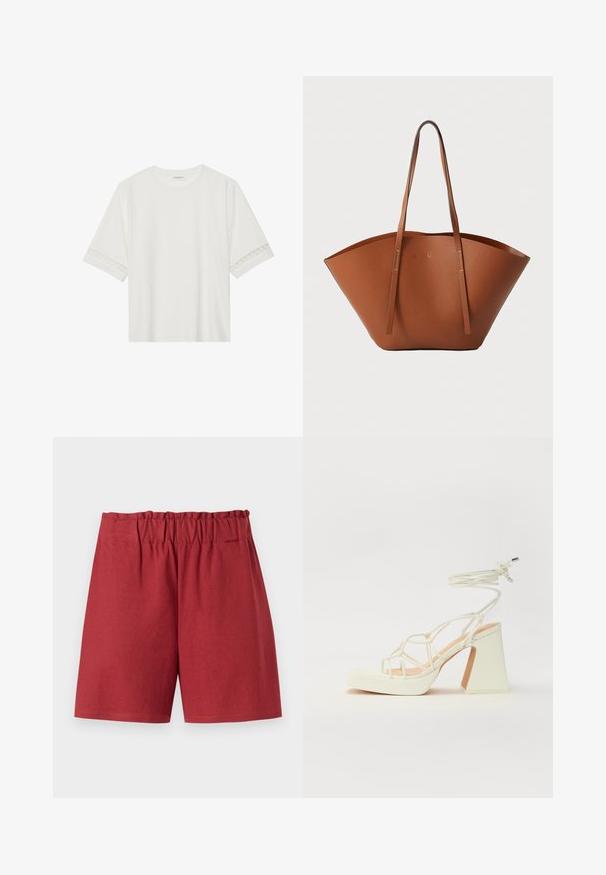 Balta īsām piedurknēm T-kreklu, izgatavotu no kokvilnas, ar dekoratīvu mežģīņu apdari ap piedurknēm un apaļu kakla izgriezumu.; Sarkani šorti ar elastīgu jostasvietu, ar brīvu piegriezumu un gludu kokvilnas audumu. Apakšmalas ir taisnas, bez redzamām rakstu vai akcentu detaļām.; Baltas augstpapēžu sandales ar masīvu papēdi, ar siksnu dizainu un potītes saistītiem elementiem. Gluda tekstūra ar platformu priekšpusē, lai nodrošinātu papildu augstumu.; Brūna ādas somiņa ar plašu, strukturētu formu, plānām rokturēm un teksturētu virsmu. Iespējo minimālistisku dizainu bez redzamiem aksesuāriem.