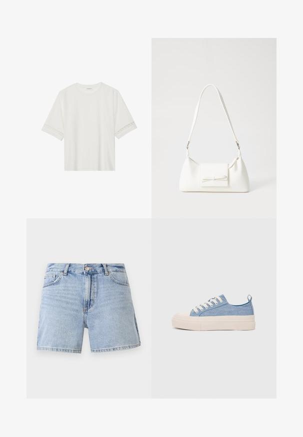 T-shirt branco de manga curta feito de algodão, com bainha de renda decorativa nas mangas e decote redondo.; Calças de ganga de denim azul-claro com cintura alta, design padrão de cinco bolsos e bainha desfiada. Feitas de algodão com um acabamento desbotado.; Ténis de lona azul claro com uma biqueira e sola de borracha creme, apresentando atacadores brancos e uma alça na parte de trás.; Mala sintética branca com formato triangular, aba frontal plana e detalhe de laço, alça ajustável, textura suave e design minimalista.
