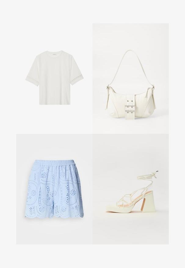 Balta īsām piedurknēm T-kreklu, izgatavotu no kokvilnas, ar dekoratīvu mežģīņu apdari ap piedurknēm un apaļu kakla izgriezumu.; Gaiši zili kokvilnas šorti ar izšūtām caurumu rakstiem, elastīgu jostu un zobainu apakšmali. Iekļauj ziedu un lapu dizainus.; Baltas augstpapēžu sandales ar masīvu papēdi, ar siksnu dizainu un potītes saistītiem elementiem. Gluda tekstūra ar platformu priekšpusē, lai nodrošinātu papildu augstumu.; Balts plecu soma ar teksturētu apdari, centrālu sprādzi un izliekta forma. Ražota ar rāvējslēdzēja aizdares abās pusēs.
