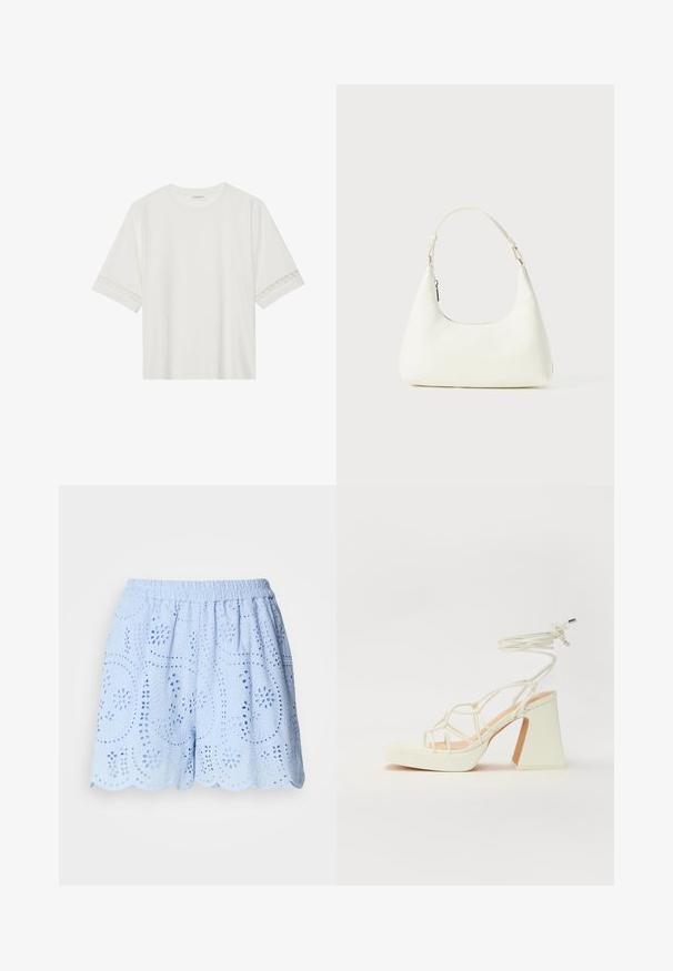 T-shirt blanc à manches courtes en coton, avec des bordures en dentelle décoratives le long des manches et un col rond.; Shorts en coton bleu clair avec des motifs découpés brodés, taille élastique et ourlet festonné. Présente des motifs floraux et de feuilles.; Sandale blanche à talons hauts avec un talon épais, présentant un design à lanières et un lien autour de la cheville. Texture lisse avec une plateforme à l'avant pour une hauteur supplémentaire.; Petit sac blanc à épaule avec une seule bandoulière ajustable et une fermeture éclair, sur un fond blanc uni.