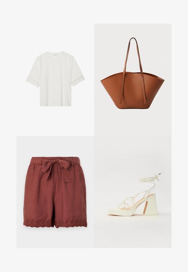 Hvit t-skjorte med kort erme laget av bomull, med dekorativ blondekant langs ermene og en rund halslinning.; Rustfargede shorts laget av lett stoff, med elastisk midje og snøring, samt intrikat bølget broderi ved kanten.; Hvit høyhælte sandal med kraftig hæl, med en stroppe-design og ankelbånd. Glatt tekstur med plattform foran for ekstra høyde.; Brun skinn totebag med en bred, strukturert form, tynne håndtak og en teksturert overflate. Har et minimalistisk design uten synlige detaljer.