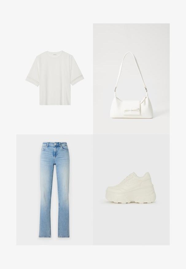 Bjela majica kratkih rukava od pamuka, s dekorativnom čipkastom obrubom duž rukava i okruglim izrezom.; Svijetloplave traperice s visokim strukom, ravnim nogavicama i suptilnim izblijedjenjem. Ima pet džepova i petlju za remen.; Bijele platformske tenisice s glatkim gornjim dijelom koji nalikuje koži, zaobljenim oblikom, podstavljenim okvirom i teksturiranim gumeni potplat s definiranom profilacijom.; Bijela sintetička torbica s trokutastim oblikom, ravnim prednjim poklopcem i detaljem u obliku mašne, podesivom remenom, glatkom teksturom i minimalističkim dizajnom.