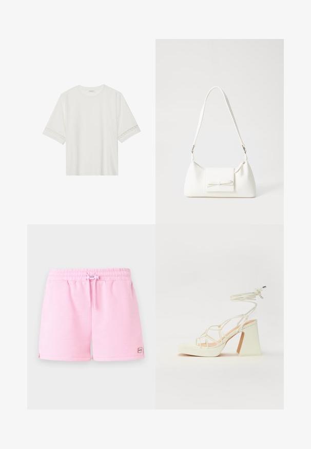 Vit kortärmad t-shirt i bomull, med dekorativa spetsdetaljer längs ärmarna och rund halsringning.; Rosa bomullsshorts med elastiskt midjeband, justerbar snörning och liten märkestagg på sidan. Slät textur, avslappnad passform.; Vit högklackad sandal med en kraftig klack, med ett remdesign och ankelband. Slät textur med en plattform framtill för ökad höjd.; Vit syntetisk handväska med triangulär form, platt framklaff och rosettdetalj, justerbar rem, slät textur och minimalistisk design.