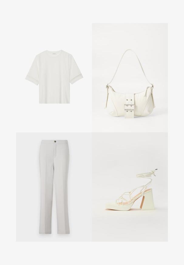 Biele tričko s krátkym rukávom vyrobené z bavlny, s dekoratívnym čipkovým lemovaním pozdĺž rukávov a okrúhlym výstrihom.; Svetlošedé nohavice rovného strihu vyrobené z hladkej tkaniny, s predným zapínaním na gombík, bočnými vreckami a prispôsobeným strihom.; Biele sandále na vysokom opätku s hrubým podpätkom, s pruhovaným dizajnom a viazaním na členku. Hladký povrch s platformou vpredu pre zvýšenú výšku.; Biela taška cez rameno s textúrovaným povrchom, centrálnou prackou a zakriveným tvarom. Zipsy na oboch stranách.