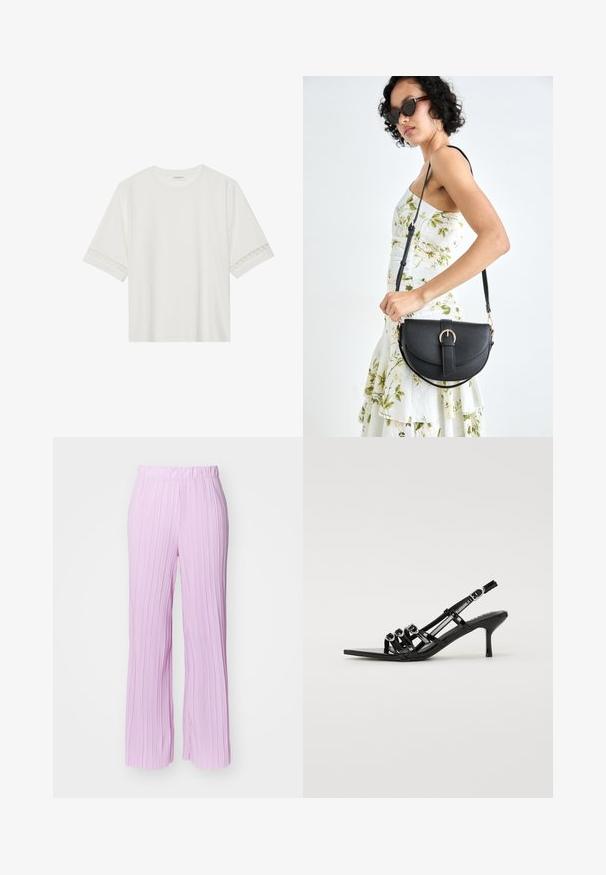 T-shirt branco de manga curta feito de algodão, com bainha de renda decorativa nas mangas e decote redondo.; Calças plissadas rosa claro com um design de perna larga e cintura elástica, apresentando textura vertical e um acabamento suave.; Shoe preto de salto alto com atilhos, com bico fino, apresentando várias tiras estreitas e detalhes circulares na parte da frente.; Bolsa de couro preta com forma curva, alça destacável e detalhes em dourado. A bolsa possui uma aba com detalhe de fivela.