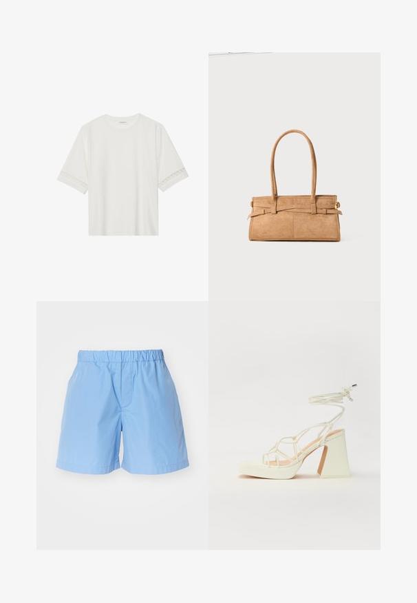 Balta īsām piedurknēm T-kreklu, izgatavotu no kokvilnas, ar dekoratīvu mežģīņu apdari ap piedurknēm un apaļu kakla izgriezumu.; Gaiši zili kokvilnas šorti ar elastīgu jostasvietu, ar vienkāršu dizainu un smalku šūšanu. Piemēroti ikdienas valkāšanai.; Baltas augstpapēžu sandales ar masīvu papēdi, ar siksnu dizainu un potītes saistītiem elementiem. Gluda tekstūra ar platformu priekšpusē, lai nodrošinātu papildu augstumu.; Salds zamšs rokassomu ar divām garām rokturiem, taisnstūra formā un dekoratīvām šuvēm. Iespējo sānu siksniņu un smalkus zelta aksesuārus.