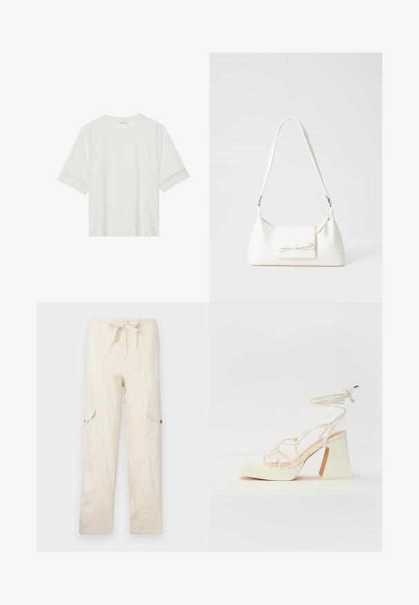 Fehér, rövid ujjas póló, pamutból készült, díszes csipkés szegéllyel az ujjak mentén és kerek nyakkivágással.; Beige cargo nadrág, húzózsinórral a derékrésznél, két oldalsó zsebbel és varrott részletezéssel. Könnyű pamut anyagból készült.; Fehér, magassarkú szandál vastag sarokkal, pántos dizájnnal és bokapánttal. Sima textúra, elülső platformmal a megnövelt magasság érdekében.; Fehér szintetikus kézitáska, háromszög alakú, lapos előlap, masni részlettel, állítható pánttal, sima textúrával és minimalista dizájnnal.