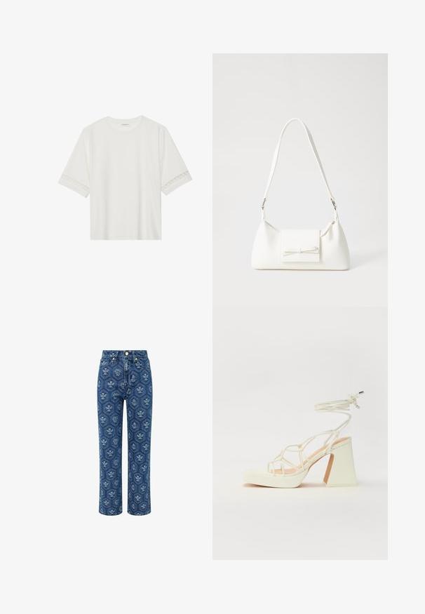Bjela majica kratkih rukava od pamuka, s dekorativnom čipkastom obrubom duž rukava i okruglim izrezom.; Traperice tamnoplave boje s cvjetnim uzorkom, visokog struka, ravnog kroja, s zlatnim detaljima i suptilnom teksturom.; Bijela sandala na visokoj potpetici s debelim petom, s remenom i vezanjem oko gležnja. Glatka tekstura s platformom sprijeda za dodatnu visinu.; Bijela sintetička torbica s trokutastim oblikom, ravnim prednjim poklopcem i detaljem u obliku mašne, podesivom remenom, glatkom teksturom i minimalističkim dizajnom.