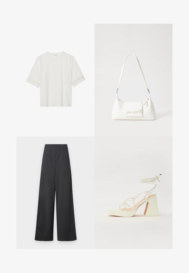 Fehér, rövid ujjas póló, pamutból készült, díszes csipkés szegéllyel az ujjak mentén és kerek nyakkivágással.; Sötét szürke anyagból készült, magas derekú, bő szárú nadrág, sima textúrával. Látható zsebek vagy díszítések nélkül készült.; Fehér, magassarkú szandál vastag sarokkal, pántos dizájnnal és bokapánttal. Sima textúra, elülső platformmal a megnövelt magasság érdekében.; Fehér szintetikus kézitáska, háromszög alakú, lapos előlap, masni részlettel, állítható pánttal, sima textúrával és minimalista dizájnnal.