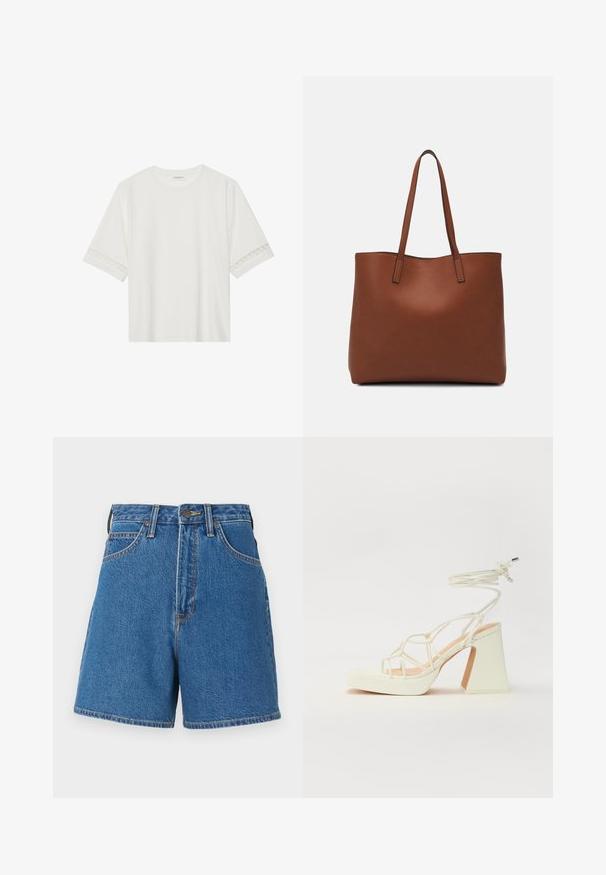 T-shirt branco de manga curta feito de algodão, com bainha de renda decorativa nas mangas e decote redondo.; Shorts de denim em azul médio com cintura alta, duas bolsas frontais e costura laranja em contraste. Apresenta um fecho de botão e o logotipo da marca.; Sandálias brancas de salto alto com um salto robusto, apresentando um design com tiras e amarração no tornozelo. Textura suave com uma plataforma na frente para altura adicional.; Bolsa tote de couro castanho com uma textura suave, design de abertura superior e duas alças para o ombro. Apresenta costura mínima e sem hardware visível.