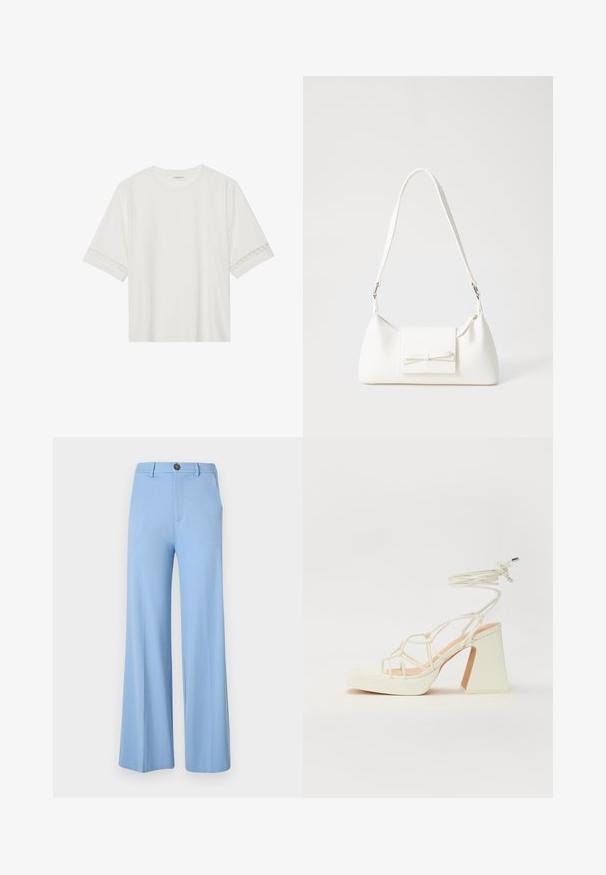 White short-sleeve t-shirt made from cotton, featuring decorative lace trim along the sleeves and a round neckline.; Light blue wide-leg pants made from a smooth fabric, featuring a button closure and front pockets. Clean, tailored design with no patterns.; White high-heeled sandal with a chunky heel, featuring a strappy design and ankle tie. Smooth texture with a platform front for added height.; White synthetic handbag with a triangular shape, flat front flap and bow detail, adjustable strap, smooth texture, and minimalistic design.