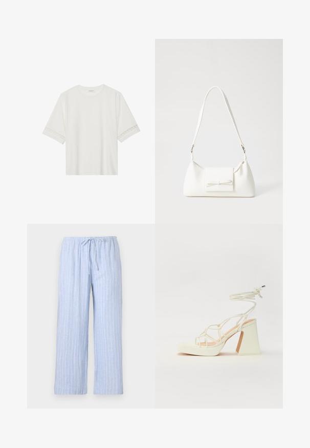 Bílé tričko s krátkým rukávem vyrobené z bavlny, s dekorativní krajkovou aplikací na rukávech a kulatým výstřihem.; Světle modré pyžamové kalhoty s bílými vertikálními pruhy, vyrobené z měkké tkaniny, s elastickým pasem a nastavitelnou šňůrkou.; Bílé sandály na vysokém podpatku s robustním podpatkem, s designem s pásky a zavazováním kolem kotníku. Hladký povrch s platformou vpředu pro zvýšení výšky.; Bílá syntetická kabelka v trojúhelníkovém tvaru, s plochým předním klopným víkem a detailem mašle, nastavitelným popruhem, hladkým povrchem a minimalistickým designem.