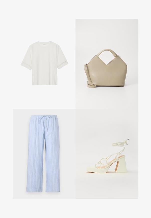 White short-sleeve t-shirt made from cotton, featuring decorative lace trim along the sleeves and a round neckline.; Light blue pajama pants with white vertical stripes, made from soft fabric, featuring an elastic waistband and adjustable drawstring.; White high-heeled sandal with a chunky heel, featuring a strappy design and ankle tie. Smooth texture with a platform front for added height.; Beige structured handbag with a V-shaped top, smooth leather material, short handles, and a long adjustable strap. Minimalist design.