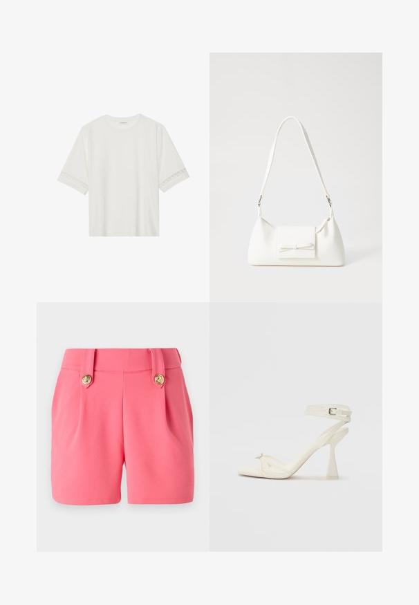 T-shirt branco de manga curta feito de algodão, com bainha de renda decorativa nas mangas e decote redondo.; Shorts cor-de-rosa feitos de um material suave, com dois pregas frontais, detalhes em botão dourado e um corte ajustado.; Sandal de salto alto com tiras em couro branco, com um design elegante, um salto bloco transparente e um elemento decorativo na ponta.; Mala sintética branca com formato triangular, aba frontal plana e detalhe de laço, alça ajustável, textura suave e design minimalista.