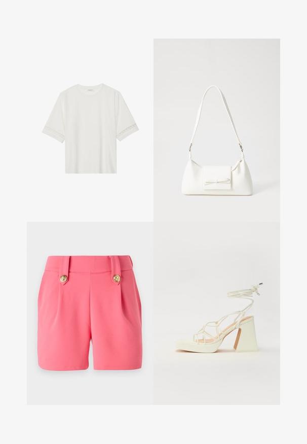 White short-sleeve t-shirt made from cotton, featuring decorative lace trim along the sleeves and a round neckline.; Pink shorts made of a soft material, featuring two front pleats, gold button details, and a tailored fit.; White high-heeled sandal with a chunky heel, featuring a strappy design and ankle tie. Smooth texture with a platform front for added height.; White synthetic handbag with a triangular shape, flat front flap and bow detail, adjustable strap, smooth texture, and minimalistic design.