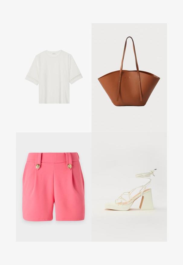 Weißes T-Shirt mit kurzen Ärmeln aus Baumwolle, mit dekorativem Spitzenbesatz entlang der Ärmel und einem runden Ausschnitt.; Rosa Shorts aus einem weichen Material, mit zwei vorderen Falten, goldenen Knopfdetails und einer taillierten Passform.; Weiße High-Heel-Sandale mit einem klobigen Absatz, die über ein Riemchendesign und ein Knöchelband verfügt. Glatte Textur mit einer Plattform vorne für zusätzliche Höhe.; Braune Leder-Tote mit einer breiten, strukturierten Form, dünnen Griffen und einer strukturierten Oberfläche. Bietet ein minimalistisches Design ohne sichtbare Beschläge.