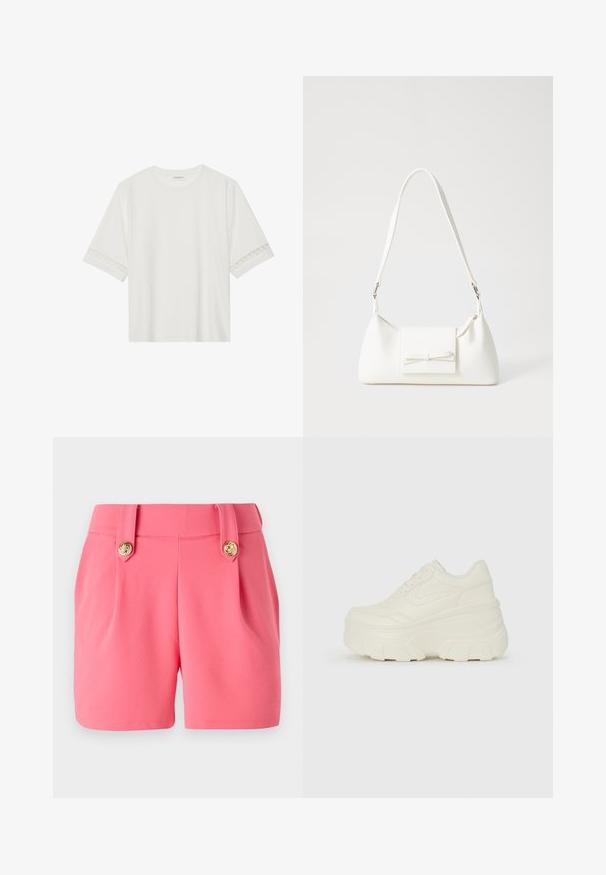 White short-sleeve t-shirt made from cotton, featuring decorative lace trim along the sleeves and a round neckline.; Pink shorts made of a soft material, featuring two front pleats, gold button details, and a tailored fit.; White platform sneakers featuring a smooth leather-like upper, rounded shape, padded collar, and textured rubber sole with defined treads.; White synthetic handbag with a triangular shape, flat front flap and bow detail, adjustable strap, smooth texture, and minimalistic design.