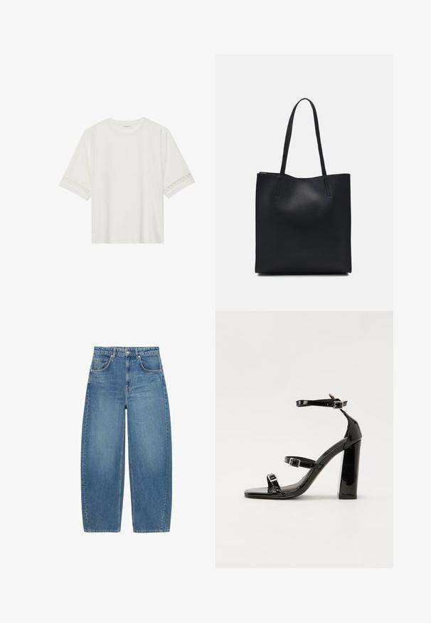 Valkoinen lyhythihainen t-paita, joka on valmistettu puuvillasta ja jossa on koristeellinen pitsireunus hihojen ympärillä sekä pyöreä pääntie.; Siniset korkeavyötäröiset leveälahkeiset farkut, joissa on etutaskut ja nappikiinnitys, esillä tasaisena valkoista taustaa vasten.; Musta kiiltävä korkokenkä sandaalit neliönmuotoisella varpaalla, nilkkaremmillä ja hopeisilla soljilla. Varustettu tukevalla lohkokorkealla vakauden takaamiseksi.; Mustapahkainen kangaskassi, jossa on sileä pinta, suorakaiteen muotoinen ja kaksi pitkää kahvaa. Ei näkyvää metalliosaa tai koristeita.