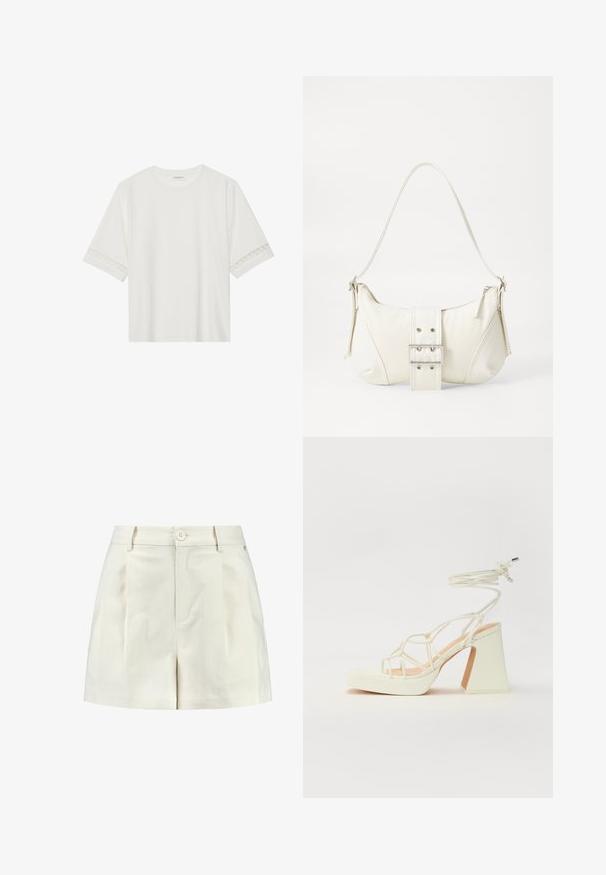 Biele tričko s krátkym rukávom vyrobené z bavlny, s dekoratívnym čipkovým lemovaním pozdĺž rukávov a okrúhlym výstrihom.; Biele šortky vyrobené z textúrovanej látky, s plochým predným dielom, dvoma bočnými vreckami a jedným tlačidlom na zapínanie v páse.; Biele sandále na vysokom opätku s hrubým podpätkom, s pruhovaným dizajnom a viazaním na členku. Hladký povrch s platformou vpredu pre zvýšenú výšku.; Biela taška cez rameno s textúrovaným povrchom, centrálnou prackou a zakriveným tvarom. Zipsy na oboch stranách.