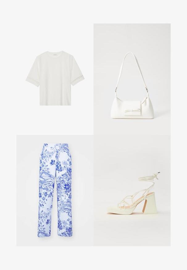 Hvit t-skjorte med kort erme laget av bomull, med dekorativ blondekant langs ermene og en rund halslinning.; Hvite bukser med blått blomstermotiv og landskapsprint, med rett ben-design og sidelommer. Stoffet har en strukturert overflate.; Hvit høyhælte sandal med kraftig hæl, med en stroppe-design og ankelbånd. Glatt tekstur med plattform foran for ekstra høyde.; Hvit syntetisk håndveske med trekantet form, flat klaff foran og sløyfe detaljer, justerbar stropp, glatt tekstur og minimalistisk design.