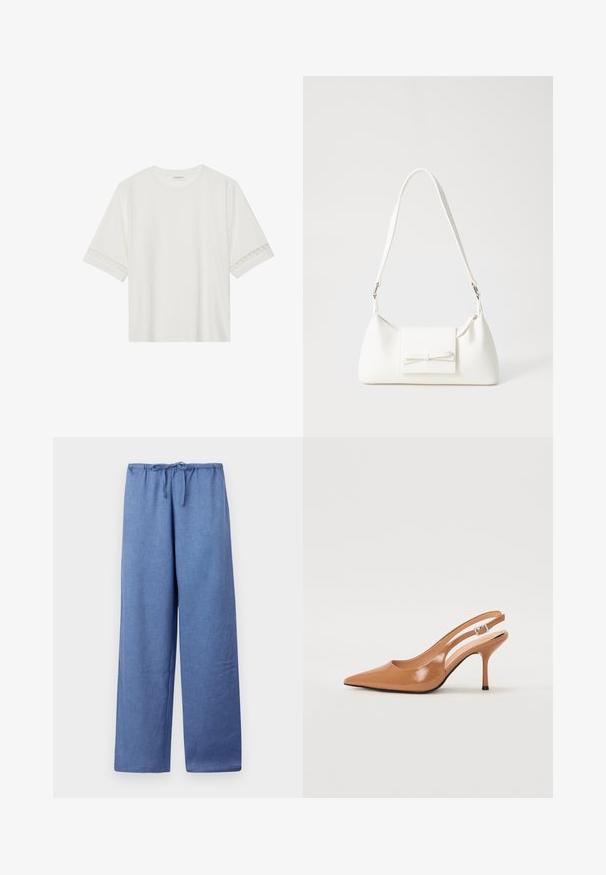 Balta īsām piedurknēm T-kreklu, izgatavotu no kokvilnas, ar dekoratīvu mežģīņu apdari ap piedurknēm un apaļu kakla izgriezumu.; Gaišzilas, plati bikses ar aukliņu viduklī, izgatavotas no mīksta auduma, ar gludu tekstūru un brīvu piegriezumu.; Izteikts pirksta siksnas zābaks, izgatavots no gludas, spīdīgas brūnas materiāla. Piedāvā izliekta izgriezuma dizainu un smalku stiletto papēdi. Sudraba sprādze.; Balta sintētiska soma ar trīsstūrveida formu, plakanu priekšējo vāciņu un loku detaļu, regulējamu siksnu, gludu tekstūru un minimālistisku dizainu.