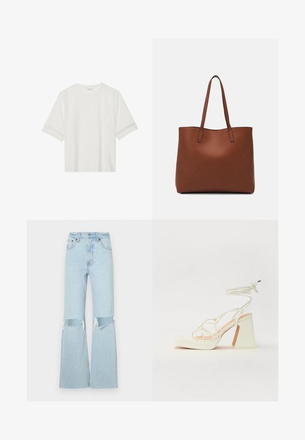 Hvit t-skjorte med kort erme laget av bomull, med dekorativ blondekant langs ermene og en rund halslinning.; Lys blå denim flared jeans med slitte knedetaljer, høy midje og rå kant. Forsterket søm og klassisk fem-lommers stil.; Hvit høyhælte sandal med kraftig hæl, med en stroppe-design og ankelbånd. Glatt tekstur med plattform foran for ekstra høyde.; Brun lær tote veske med en jevn tekstur, åpen toppdesign og to skulderstropper. Har minimal søm og ingen synlige spiker.