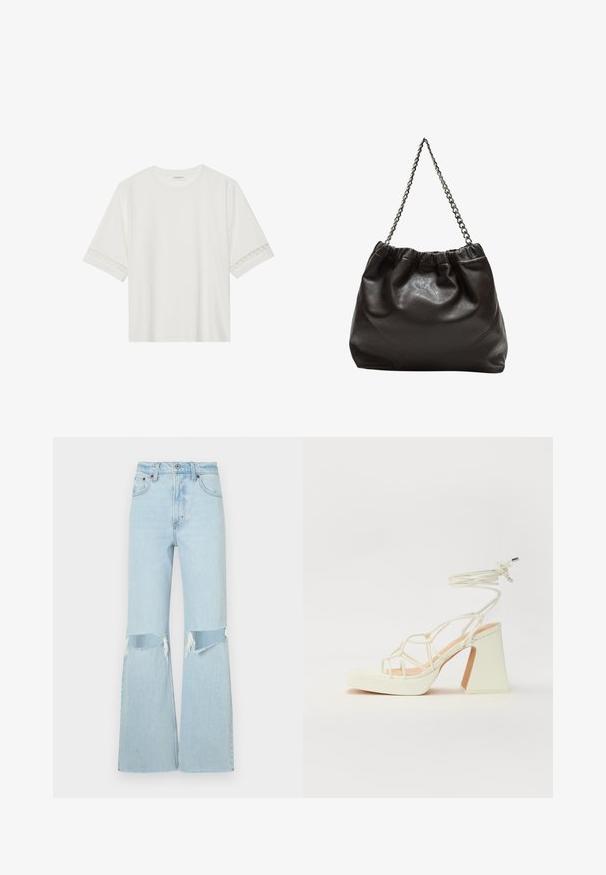 T-shirt bianco a maniche corte in cotone, con bordi in pizzo decorativi lungo le maniche e scollo rotondo.; Jeans flare in denim blu chiaro con dettagli strappati sulle ginocchia, caratterizzati da vita alta e orlo grezzo. Cuciture rinforzate e stile classico a cinque tasche.; Sandalo bianco con tacco alto, caratterizzato da un design a cinturini e un legaccio alla caviglia. Texture liscia con una piattaforma frontale per un'altezza aggiuntiva.; Borsa in pelle marrone con parte superiore arricciata e tracolla a catena. Texture liscia con finitura lucida e dettagli di cucitura sottili sui lati.