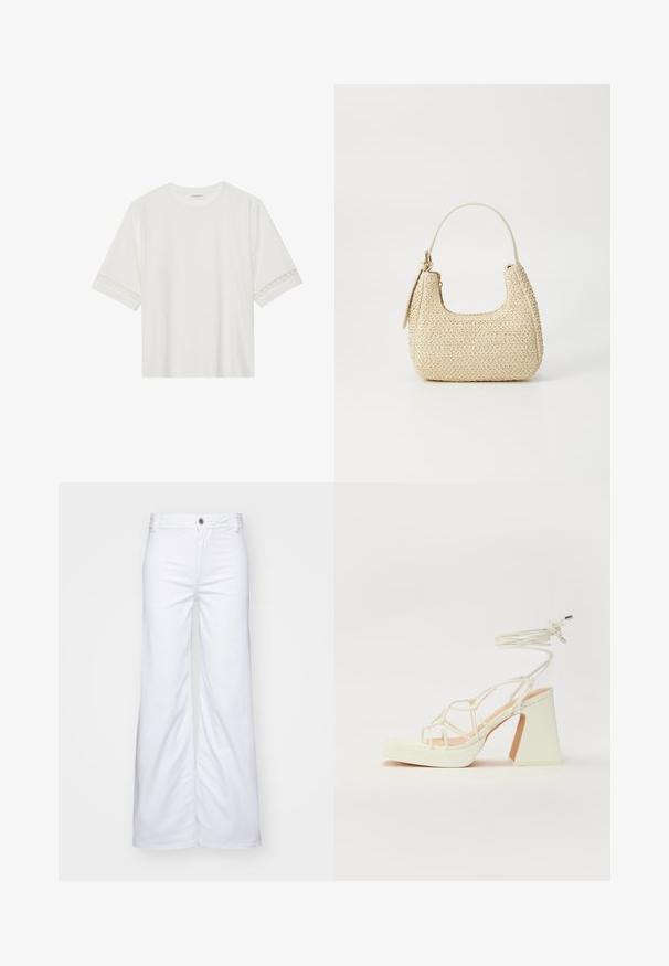 White short-sleeve t-shirt made from cotton, featuring decorative lace trim along the sleeves and a round neckline.; White wide-leg trousers made of denim, featuring a button closure and belt loops. Smooth texture with clean stitching and no patterns.; White high-heeled sandal with a chunky heel, featuring a strappy design and ankle tie. Smooth texture with a platform front for added height.; Woven straw handbag in beige with a curved shape, a short handle, and a side zipper. Features textured surface and minimalistic design.