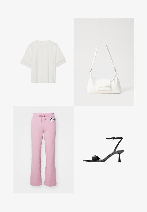 Biele tričko s krátkym rukávom vyrobené z bavlny, s dekoratívnym čipkovým lemovaním pozdĺž rukávov a okrúhlym výstrihom.; GAP HERITAGE - Tepláky - lilas pink; Bershka Sandále na vysokom opätku - black; Biela syntetická kabelka s trojuholníkovým tvarom, plochým predným klapkou a detailom mašle, nastaviteľným popruhom, hladkou textúrou a minimalistickým dizajnom.