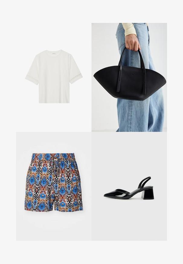 Weißes T-Shirt mit kurzen Ärmeln aus Baumwolle, mit dekorativem Spitzenbesatz entlang der Ärmel und einem runden Ausschnitt.; Musterkurze mit elastischem Bund. Besitzt lebendige Designs in Blau, Rot und Braun auf einem hellen Stoffhintergrund.; Schwarze Lackleder-Slingback-High Heels mit spitzem Schuh und einem geometrischen Blockabsatz. Verfügt über ein schlankes, minimalistisches Design und eine glatte Textur.; Schwarze Lederhandtasche mit einzigartiger Fächerform, ausgestattet mit flachen Griffen. Die Oberfläche hat eine genoppte Textur und ein minimalistisches Design.