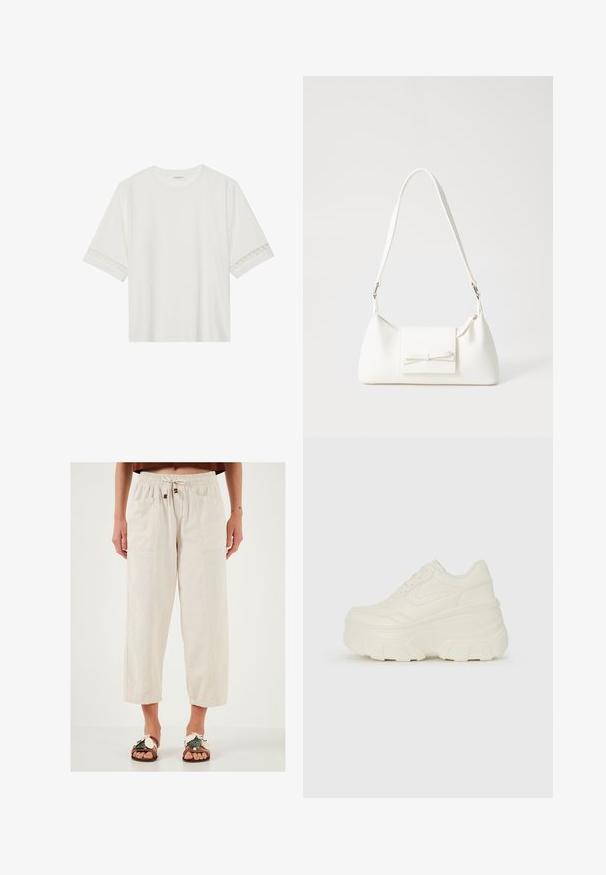 Valkoinen lyhythihainen t-paita, joka on valmistettu puuvillasta ja jossa on koristeellinen pitsireunus hihojen ympärillä sekä pyöreä pääntie.; Hiekanväriset, kevyet, leveälahkeiset housut, joissa on joustava vyötärö, kiristysnyöri ja kaksi etutaskua. Teksturoitu kangas ja rento malli.; Valkoiset tasapohjakengät, joissa on sileä nahkamainen päällinen, pyöristetty muoto, pehmustettu nilkkaosa ja texturoitu kumipohja, jossa on hyvin määritellyt urat.; Valkoinen synteettinen käsilaukku, jossa on kolmikulmainen muoto, tasainen etu läppä ja nauhadetail, säädettävä olkahihna, sileä rakenne ja minimalinen muotoilu.