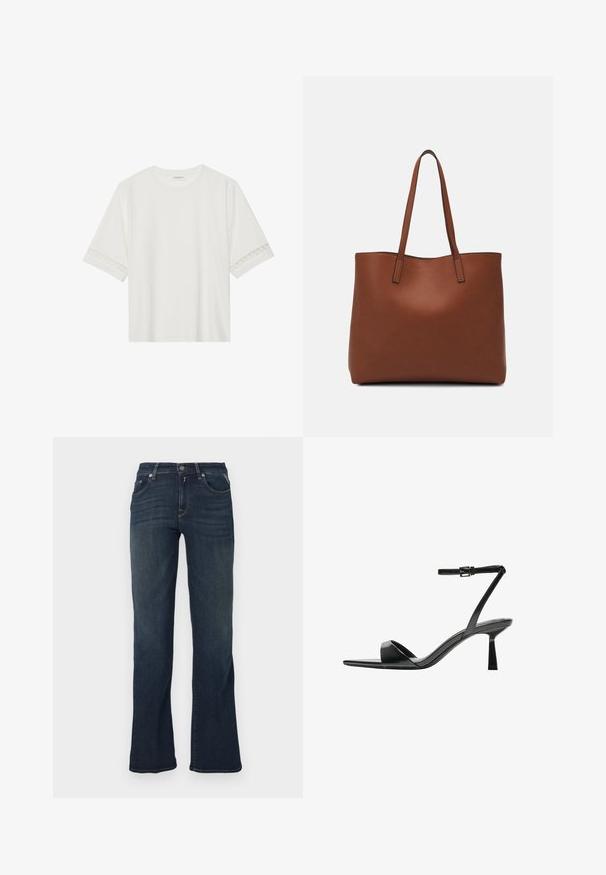 Fehér, rövid ujjas póló, pamutból készült, díszes csipkés szegéllyel az ujjak mentén és kerek nyakkivágással.; Sötétkék farmernadrág, kibővült szárú dizájnnal, öt zsebbel és kontrasztos varrási részletekkel. Simább textúrájú és standard derékpánttal.; Bershka Magas sarkú szandálok - black; Barna bőr vászontáska sima textúrával, nyitott tetejű dizájnnal és két vállpánttal. Minimális varrással és látható hardver nélkül készült.