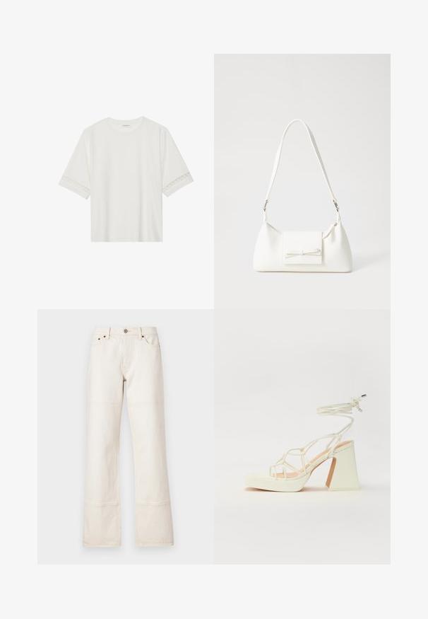 T-shirt bianco a maniche corte in cotone, con bordi in pizzo decorativi lungo le maniche e scollo rotondo.; Jeans a gamba larga e vita alta in denim beige. Presentano tasche, chiusura anteriore con bottone e cuciture a contrasto lungo le cuciture.; Sandalo bianco con tacco alto, caratterizzato da un design a cinturini e un legaccio alla caviglia. Texture liscia con una piattaforma frontale per un'altezza aggiuntiva.; Borsa sintetica bianca a forma triangolare, con patta anteriore piatta e dettaglio a fiocco, tracolla regolabile, texture liscia e design minimalista.