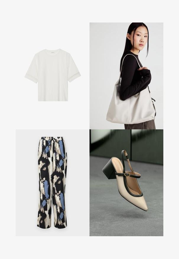 Balta īsām piedurknēm T-kreklu, izgatavotu no kokvilnas, ar dekoratīvu mežģīņu apdari ap piedurknēm un apaļu kakla izgriezumu.; Relaksētas piegriezuma drukātas bikses krēmkrāsā, melnās un zilās niansēs ar teksturētu, abstraktu rakstu. Iekļauts elastīgs josta ar saites auklu.; Beige smailā purngalā siksnu kurpe ar melnu akcentu, zelta sprādzi un masīvu bloku papēdi uz pelēka grīdas ar tumši zaļu fonu.; Bežs rokassoma, izgatavota no mīksta materiāla, ar brīvu dizainu, izšūtu apdari un divām plecu siksnām. Piemērota ikdienas lietošanai.