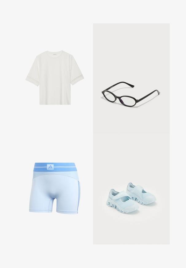 Bjela majica kratkih rukava od pamuka, s dekorativnom čipkastom obrubom duž rukava i okruglim izrezom.; Svijetloplave atletske hlače sa pripijenim dizajnom. Imaju rebrasti pojas i suptilne bočne pruge u tamnijoj plavoj boji.; Svijetloplave tenisice s mrežastom tkaninom, istaknutim prorezima u potplatu i čičak trakom preko vrha za sigurno prianjanje.; Crne naočale ovalnog okvira s prozirnim ljubičastim naglascima na lećama. Okviri imaju mat finiš i tanke, ravne temple.; Crna kožna torba s lukovitim oblikom, odvojivim remenom i zlatnim detaljima. Torba ima preklop s kopčom.