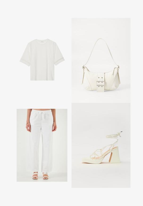 Weißes T-Shirt mit kurzen Ärmeln aus Baumwolle, mit dekorativem Spitzenbesatz entlang der Ärmel und einem runden Ausschnitt.; Weiße, lockere Leinenhose mit elastischem Bund und Kordelzug. Glatte Textur, weit geschnittenes Design und keine sichtbaren Muster.; Weiße High-Heel-Sandale mit einem klobigen Absatz, die über ein Riemchendesign und ein Knöchelband verfügt. Glatte Textur mit einer Plattform vorne für zusätzliche Höhe.; Weiße Schultertasche mit texturierter Oberfläche, zentralem Schnallenakzent und geschwungener Form. Reißverschluss an beiden Seiten.